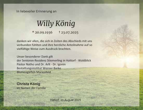 Traueranzeige von Willy König von Harz Kurier