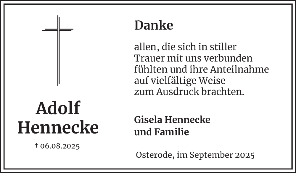  Traueranzeige für Adolf Hennecke vom 13.09.2025 aus Harz Kurier