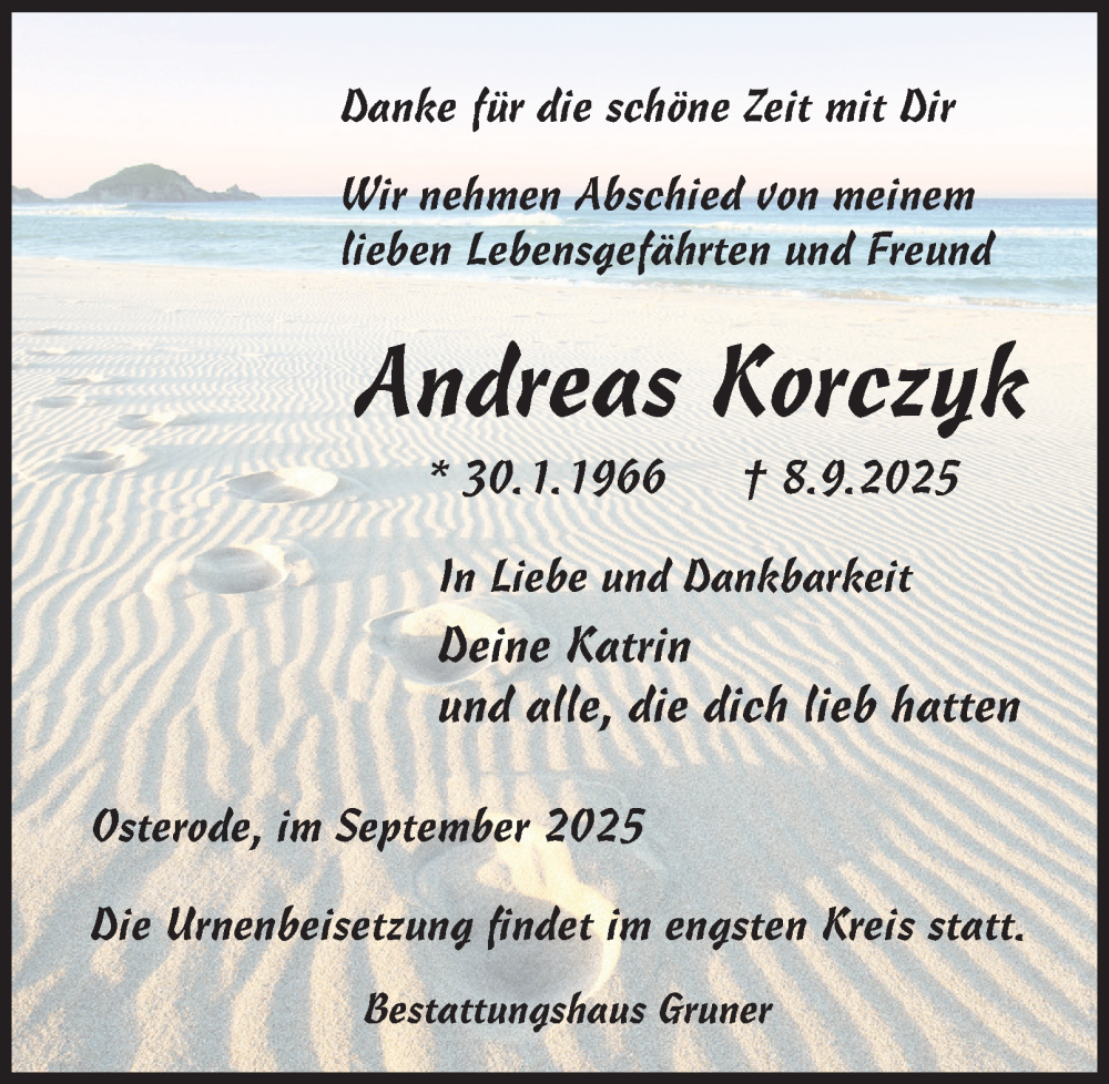 Traueranzeige für Andreas Korczyk vom 13.09.2025 aus Harz Kurier