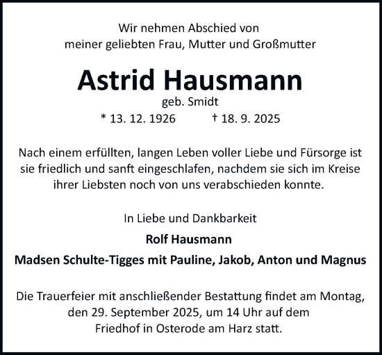Traueranzeige von Astrid Hausmann von Harz Kurier
