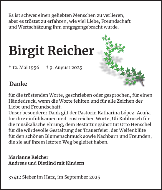 Traueranzeige von Birgit Reicher von Harz Kurier