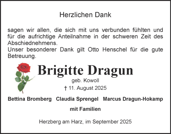 Traueranzeige von Brigitte Dragun von Harz Kurier