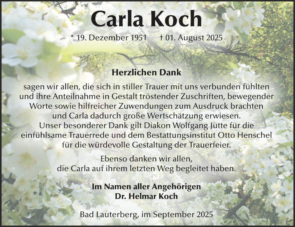  Traueranzeige für Carla Koch vom 27.09.2025 aus Harz Kurier