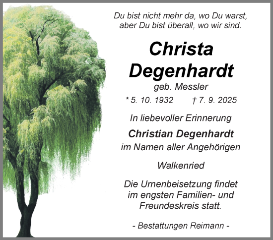 Traueranzeige von Christa Degenhardt von Harz Kurier