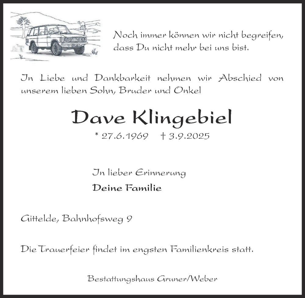  Traueranzeige für Dave Klingebiel vom 13.09.2025 aus Harz Kurier