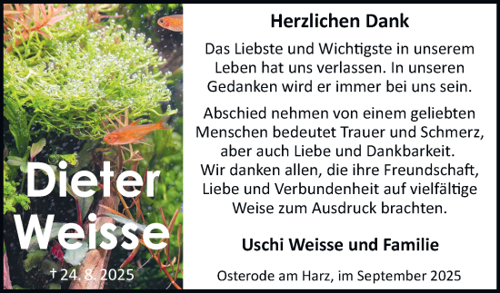 Traueranzeige von Dieter Weisse von Harz Kurier