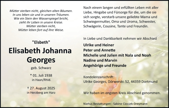 Traueranzeige von Elisabeth Johanna Georges von Harz Kurier