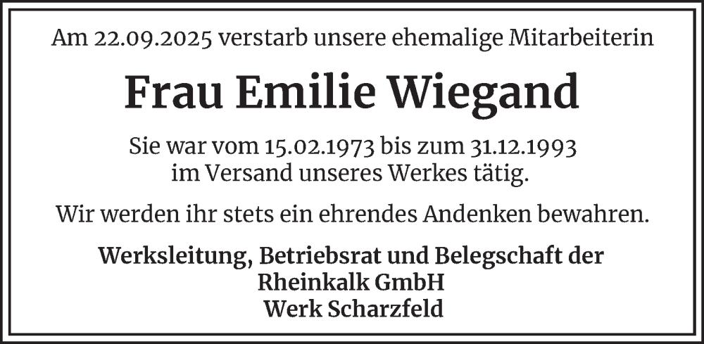  Traueranzeige für Emilie Wiegand vom 27.09.2025 aus Harz Kurier