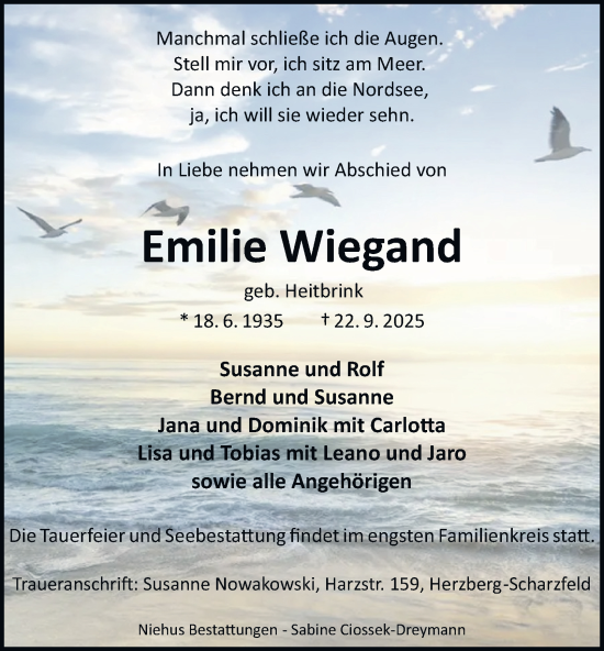 Traueranzeige von Emilie Wiegand von Harz Kurier