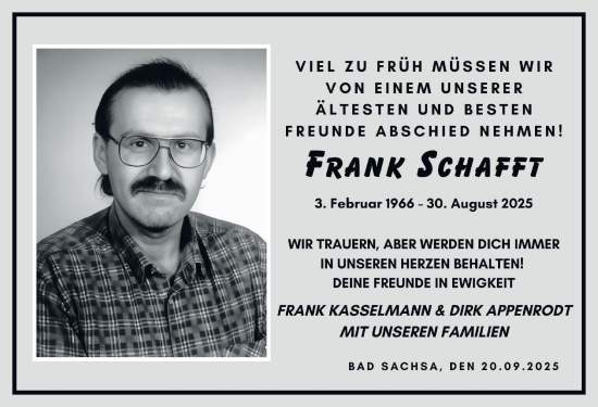 Traueranzeige von Frank Schafft von Harz Kurier