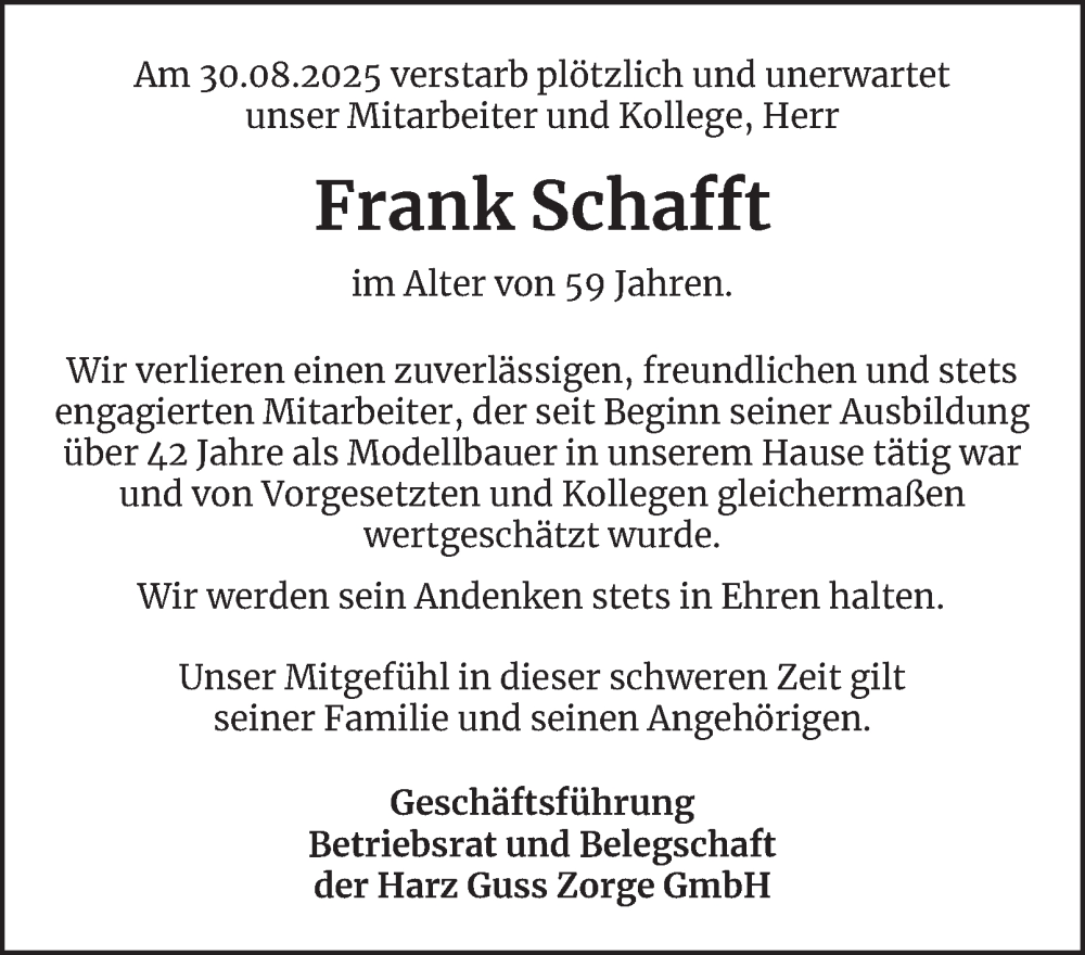  Traueranzeige für Frank Schafft vom 13.09.2025 aus Harz Kurier