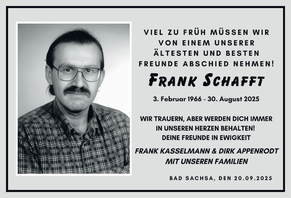 Traueranzeige für Frank Schafft vom 20.09.2025 aus Harz Kurier