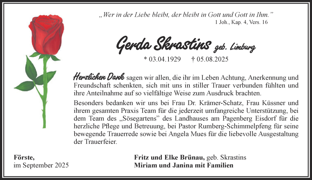  Traueranzeige für Gerda Skrastins vom 13.09.2025 aus Harz Kurier