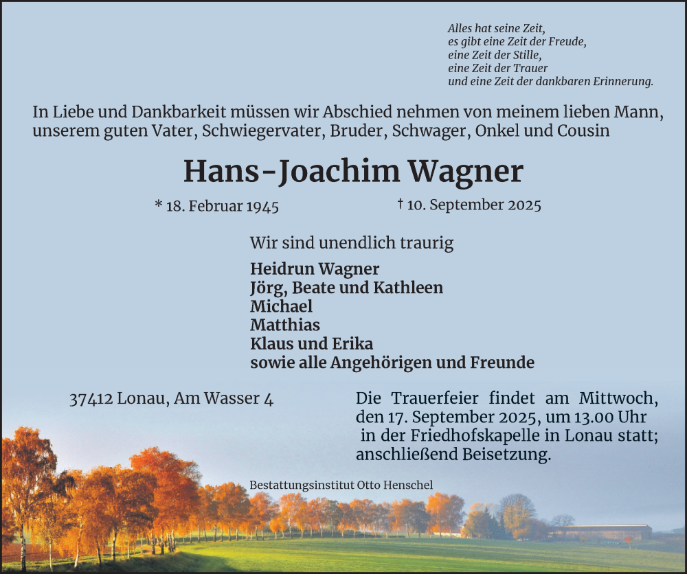  Traueranzeige für Hans-Joachim Wagner vom 13.09.2025 aus Harz Kurier