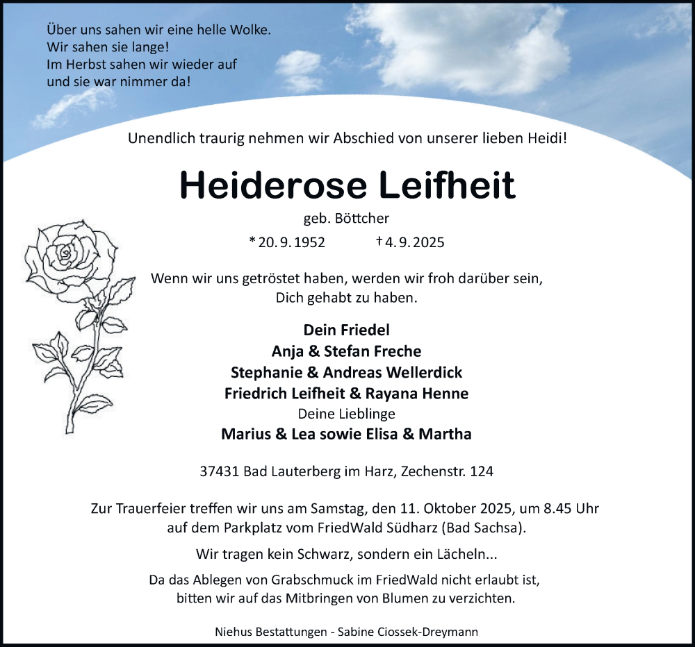  Traueranzeige für Heiderose Leifheit vom 13.09.2025 aus Harz Kurier