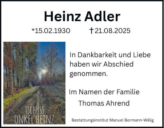 Traueranzeige von Heinz Adler von Harz Kurier