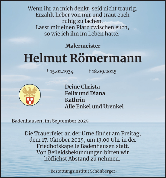 Traueranzeige von Helmut Römermann von Harz Kurier