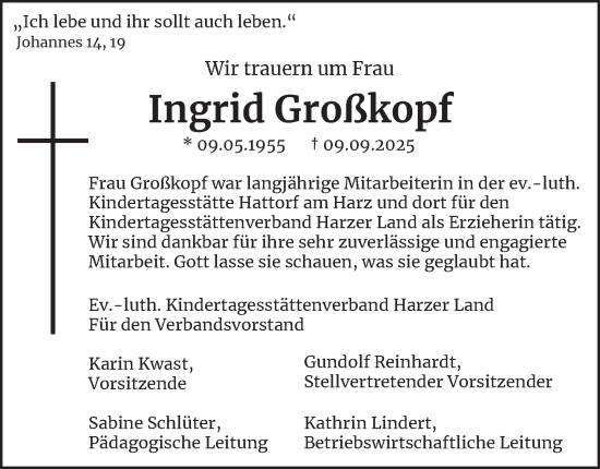 Traueranzeige von Ingrid Großkopf von Harz Kurier