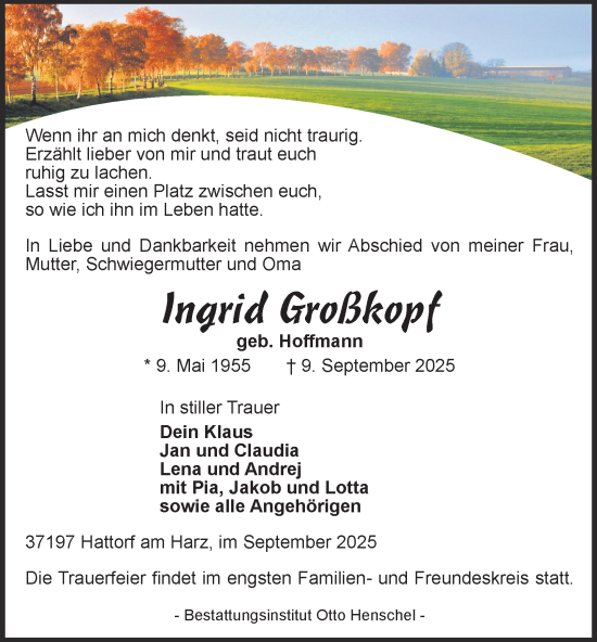 Traueranzeige von Ingrid Großkopf von Harz Kurier