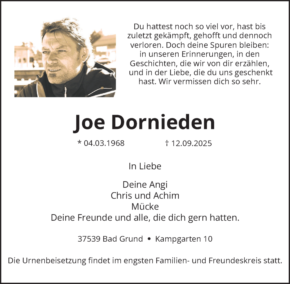  Traueranzeige für Joe Dornieden vom 20.09.2025 aus Harz Kurier
