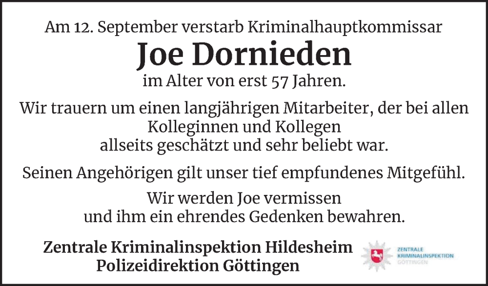  Traueranzeige für Joe Dornieden vom 24.09.2025 aus Harz Kurier