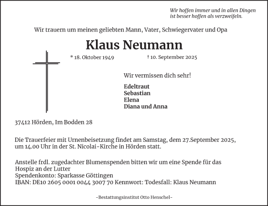 Traueranzeige von Klaus Neumann von Harz Kurier