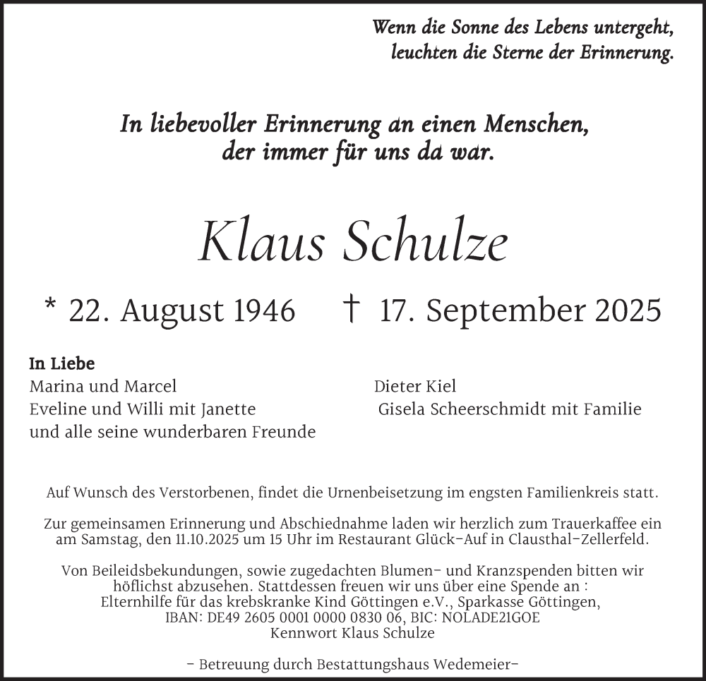  Traueranzeige für Klaus Schulze vom 27.09.2025 aus Harz Kurier