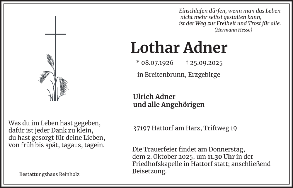  Traueranzeige für Lothar Adner vom 30.09.2025 aus Harz Kurier