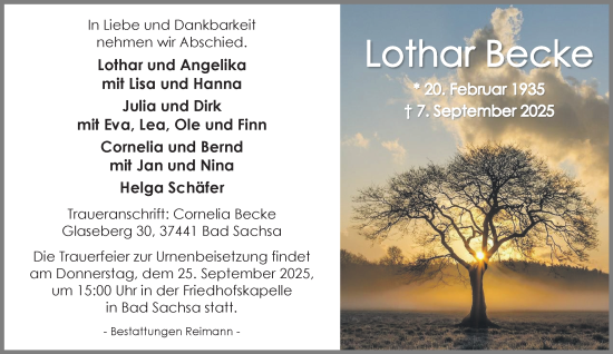Traueranzeige von Lothar Becke von Harz Kurier