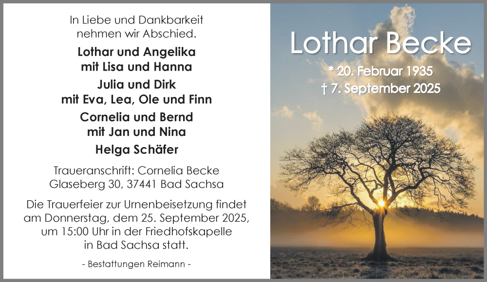  Traueranzeige für Lothar Becke vom 13.09.2025 aus Harz Kurier