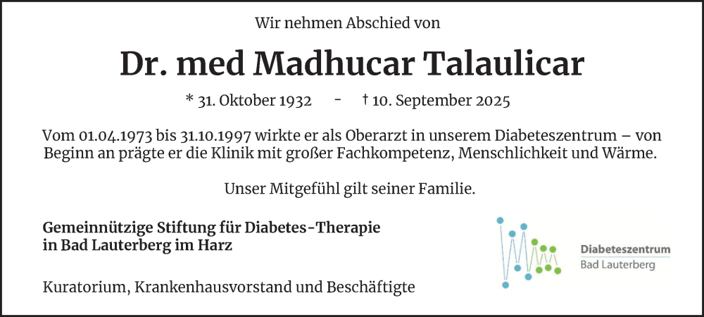  Traueranzeige für Madhucar Talaulicar vom 20.09.2025 aus Harz Kurier