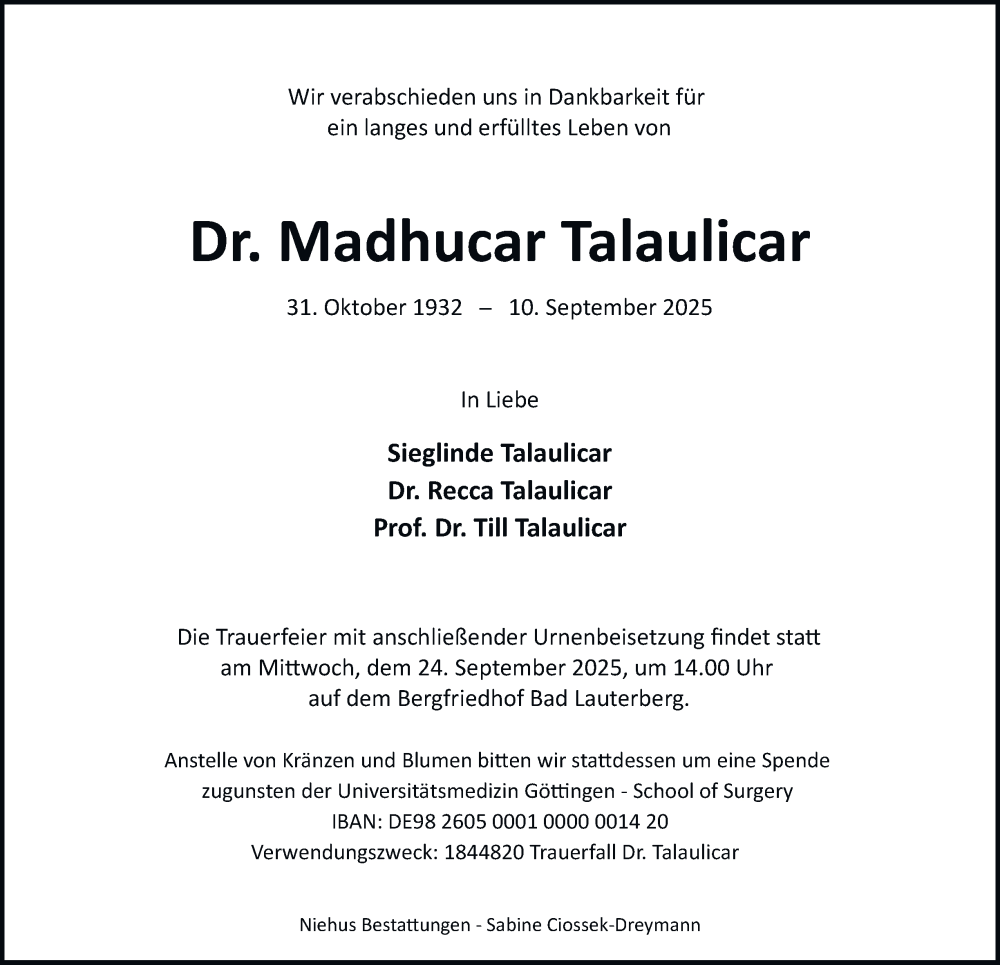  Traueranzeige für Madhucar Talaulicar vom 13.09.2025 aus Harz Kurier