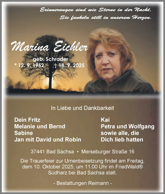 Traueranzeige von Marina Eichler von Harz Kurier