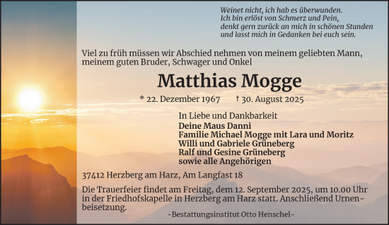 Traueranzeige von Matthias Mogge von Harz Kurier