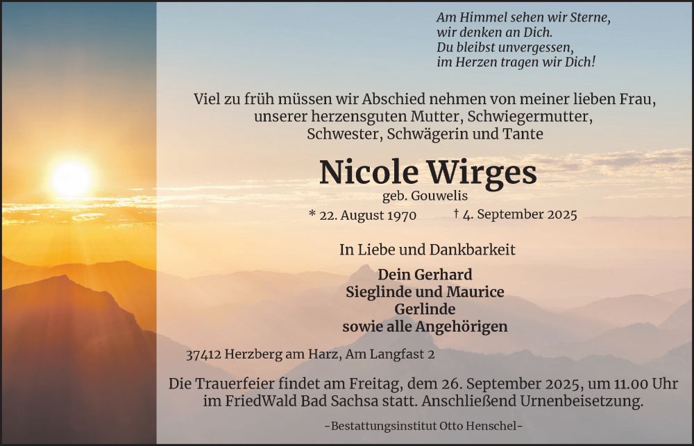  Traueranzeige für Nicole Wirges vom 13.09.2025 aus Harz Kurier