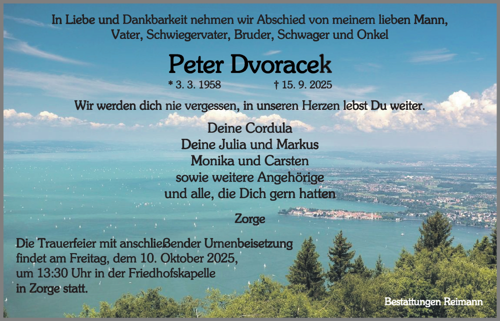  Traueranzeige für Peter Dvoracek vom 27.09.2025 aus Harz Kurier