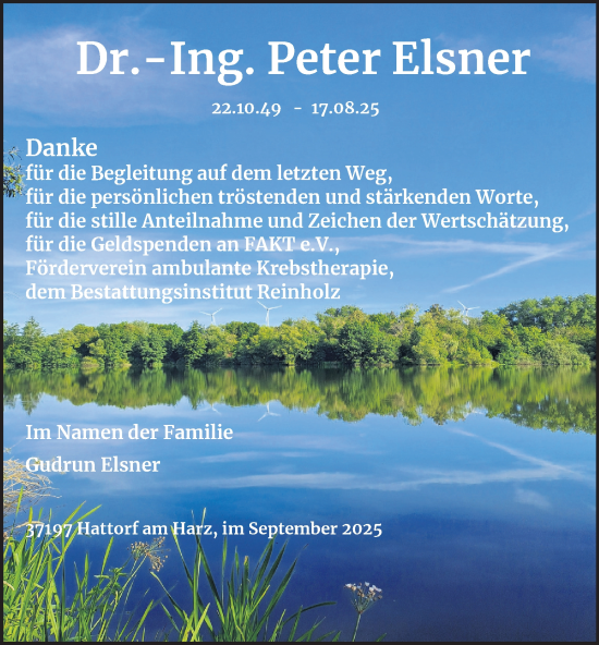 Traueranzeige von Peter Elsner von Harz Kurier
