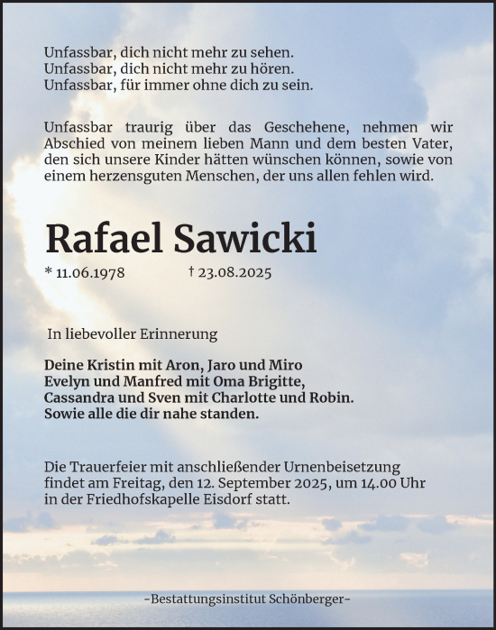 Traueranzeige von Rafael Sawicki von Harz Kurier