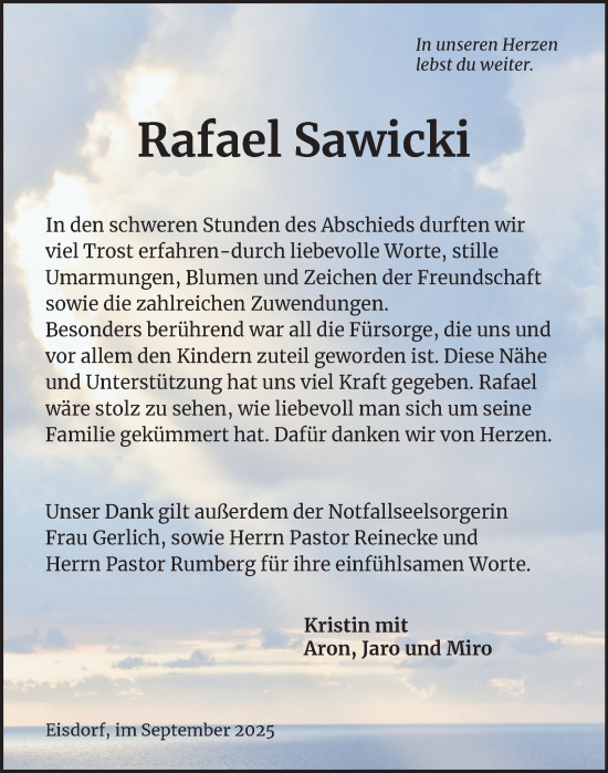 Traueranzeige von Rafael Sawicki von Harz Kurier