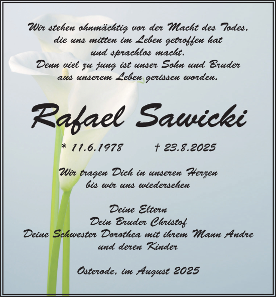 Traueranzeige von Rafael Sawicki von Harz Kurier
