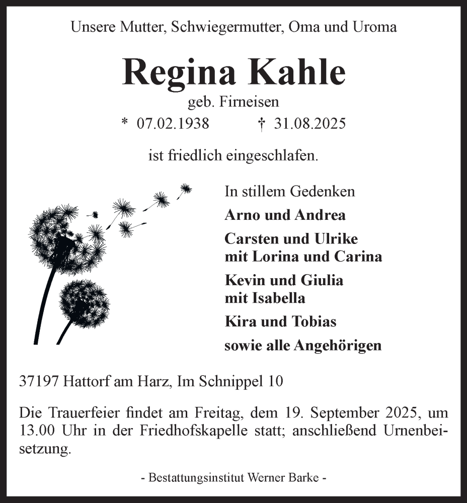  Traueranzeige für Regina Kahle vom 13.09.2025 aus Harz Kurier