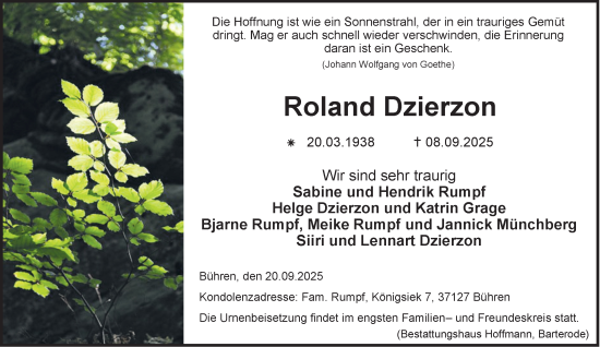 Traueranzeige von Roland Dzierzon von Harz Kurier