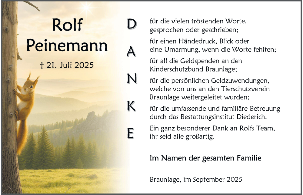  Traueranzeige für Rolf Peinemann vom 20.09.2025 aus Harz Kurier