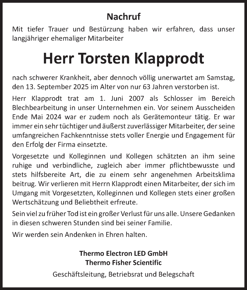  Traueranzeige für Torsten Klapprodt vom 27.09.2025 aus Harz Kurier