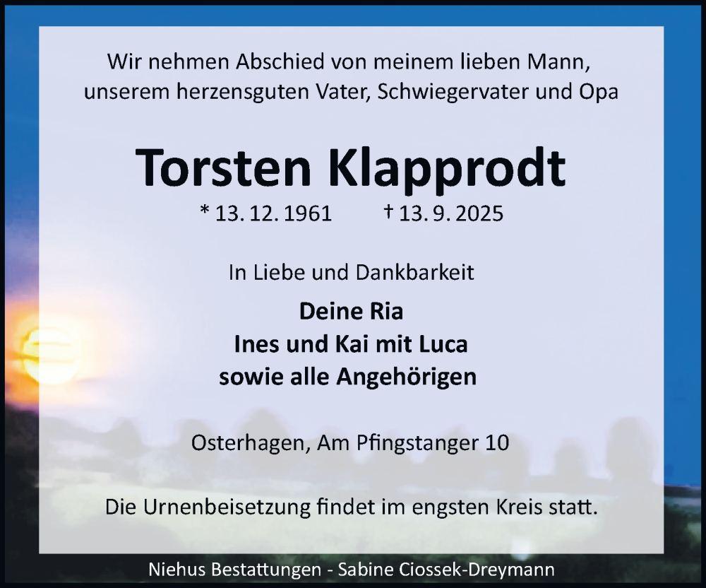  Traueranzeige für Torsten Klapprodt vom 20.09.2025 aus Harz Kurier