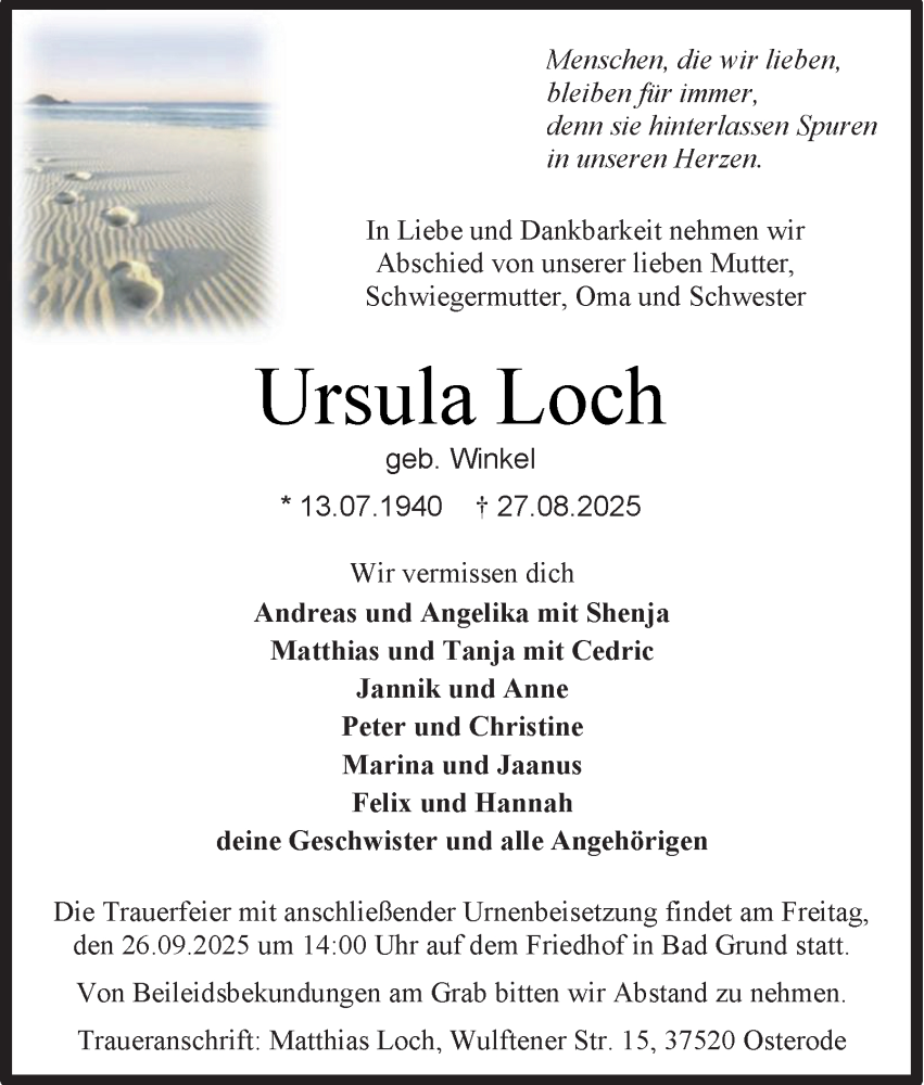  Traueranzeige für Ursula Loch vom 06.09.2025 aus Harz Kurier