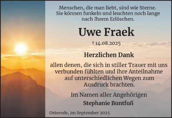 Traueranzeige von Uwe Fraek von Harz Kurier