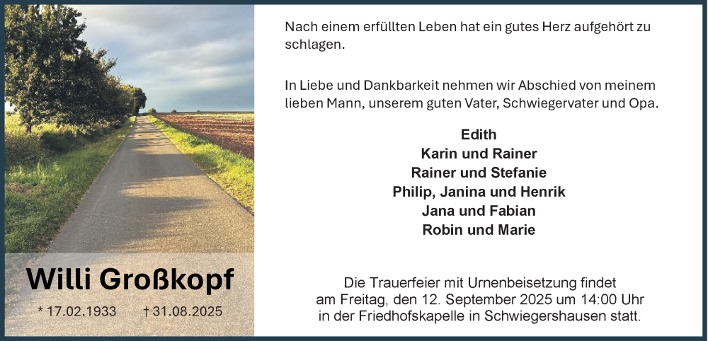 Traueranzeige für Willi Großkopf vom 06.09.2025 aus Harz Kurier