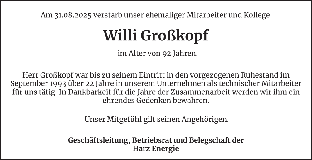  Traueranzeige für Willi Großkopf vom 11.09.2025 aus Harz Kurier