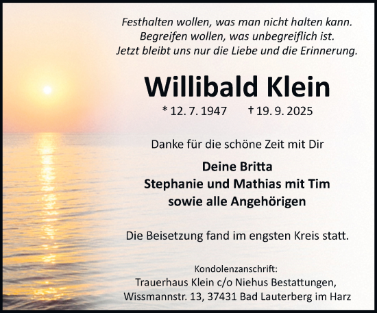 Traueranzeige von Willibald Klein von Harz Kurier